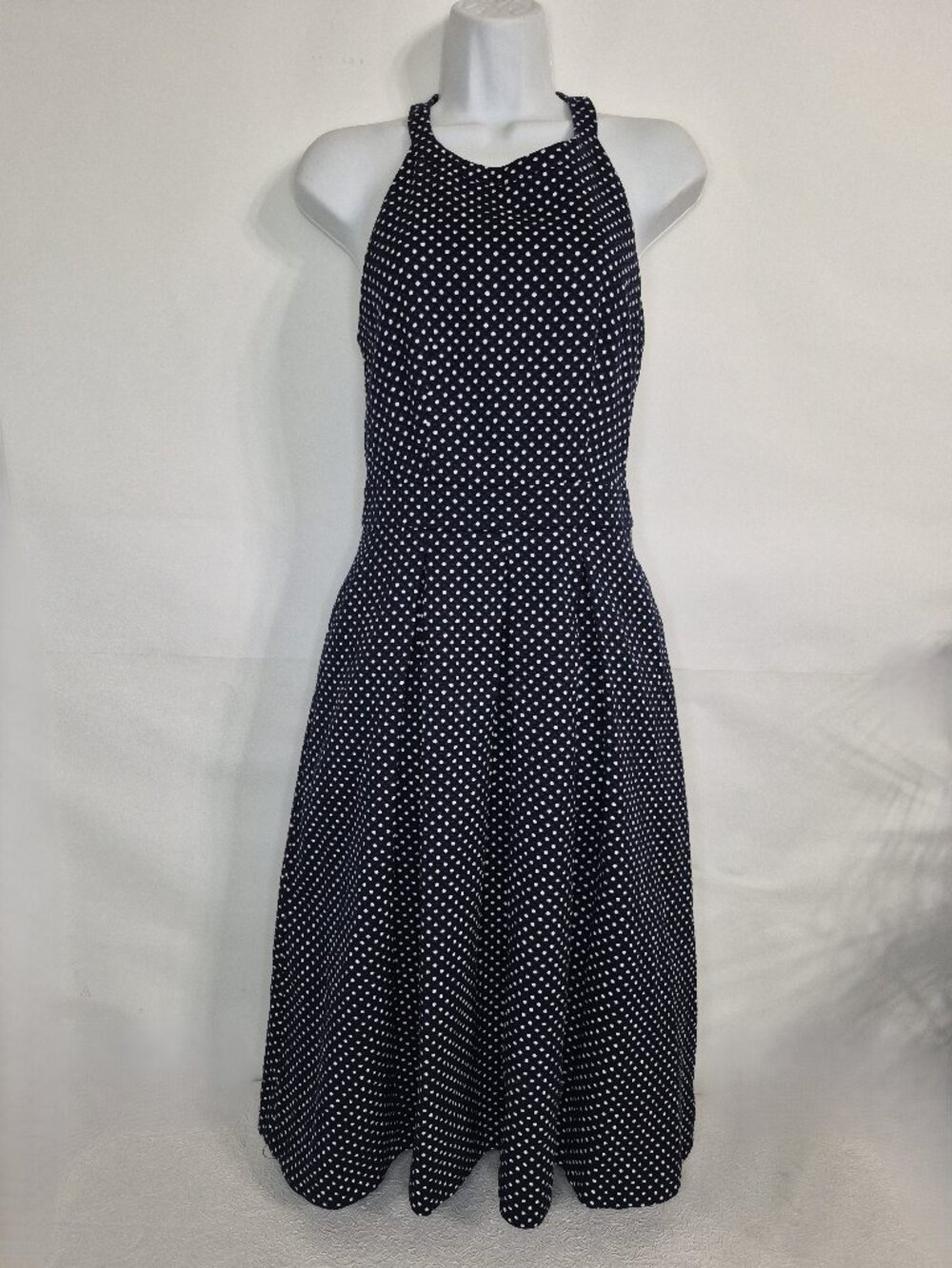 The Limited Womens 0 Blue White Polka Dot Sleeveless Lined Halter Midi Dress